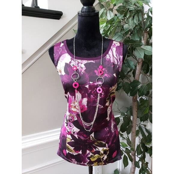 Ann Taylor Women Purple Floral Polyester Round Neck Sleeveless Top Blouse Medium - Picture 1 of 10